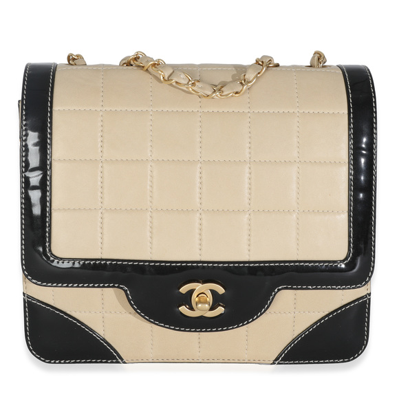 Chanel Vintage Beige Lambskin Black Patent Square Quilt Frame Flap Bag - Picture 1 of 8